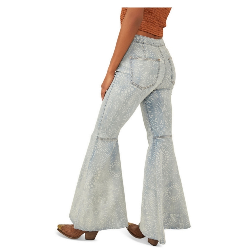 Free People Light Blue Patterned High-Rise Flare Jeans